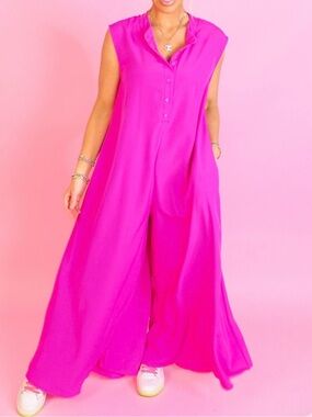 Bucket List Oversized Wide Leg Jumpsuit Lightweight Fuschia Button Up Small